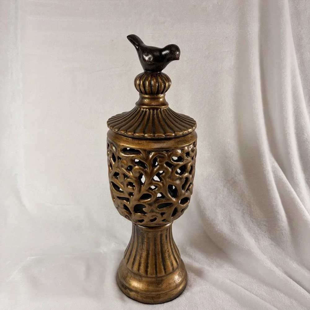 Vintage Style Hollywood Regency Lidded Urn/Jar Open work Chalice Bird Top Finial